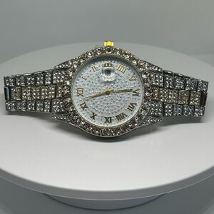 Iced Out Silver Tone Watch Roman Numerals CZ Bling Bracelet Watch Quartz